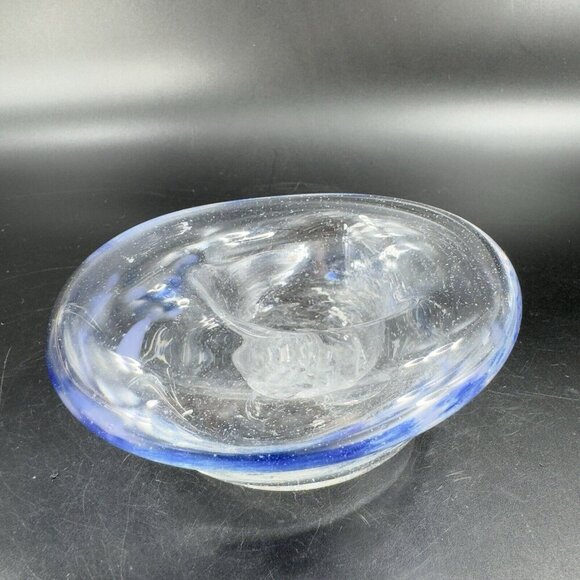 Vintage Hand Blown Art Glass Dish Bowl Clear With Blue Spots Hand Made Glass VTG - Picture 12 of 16